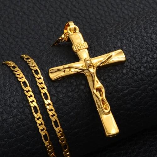 Anniyo INRI Cross Pendant Necklaces Chain Women Men,Crucifix Christianity Gold Color Jesus of Nazareth,King of the Jews #227806
