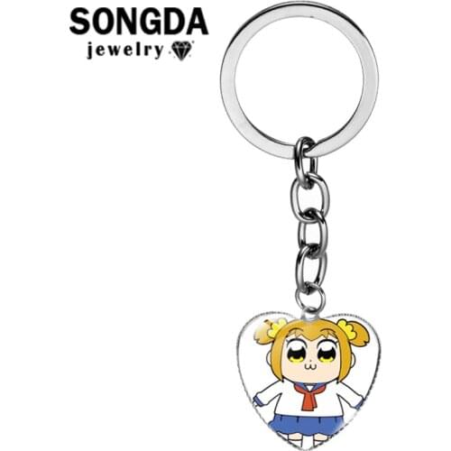 SONGDA Anime POP TEAM EPIC Heart Keychain Convex Glass Cartoon Patterns Long Chain Keychain Womens Bag Pendant or Child Gifts