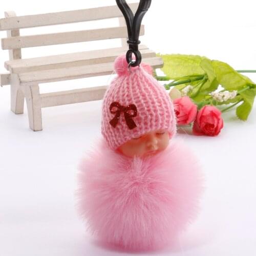 Sleeping Baby Doll Keychain Flower Pompom Rabbit Fur Ball Key Chain Fluffy Car Keyring porte clef Bag Key Ring