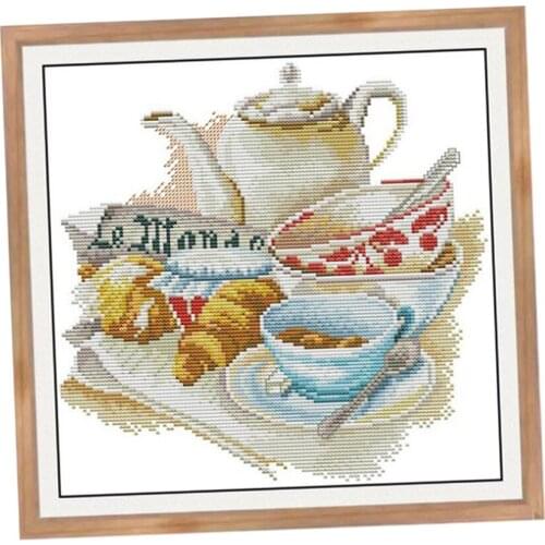 Tea Set Cups Stamped Cross Stitch Kits For Kids Embroidery 11 Counted