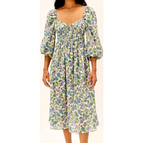 GypsyLady Floral Printed Midi Dress Vintage Summer Dresses Women Backless Lantern Sleeve Ladies Holiday Ladies Female Dresses