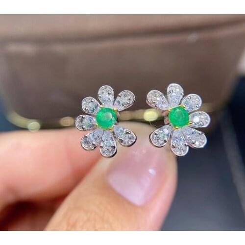 Natural gem stone Ring Natural green emerald ring S925 silver trendy double flower Adjustable womens girl Jewelry
