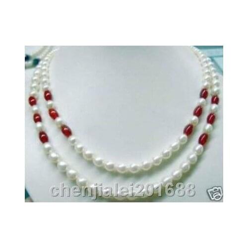 Beautiful! 7-8mm White freshwater Cultured pearl red agate bead necklace 2 rows