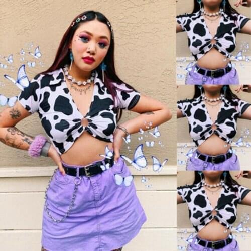 Cow Print Crop Top Female WomenS T-Shirts Sexy Deep V Neck Short Sleeve Tops Harajuku Cute Kawaii Ladies Clothes 2020 Summer