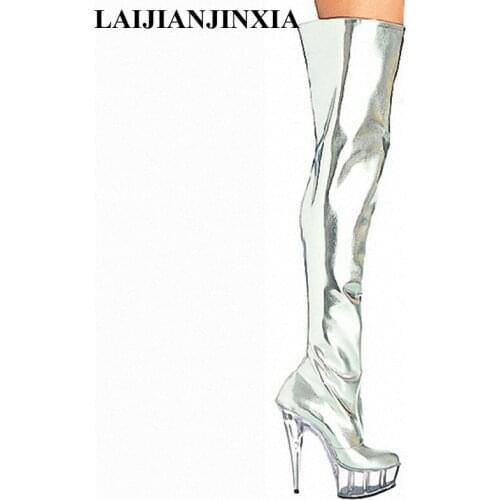 LAIJIANJINXIA over the knee silver patent leather womens 6" thigh high boots sexy motorcycle boots 15cm clear Dance Shoes