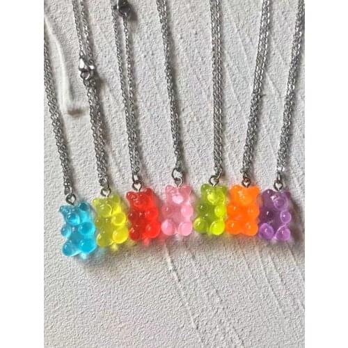 New Fashion White Blue Resin Little Bear Necklace Stainless Link Chain Synthetic Bear Pendant Necklace For Women Girls Best Gift