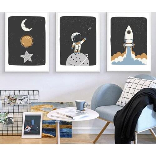 Space Astronaut Poster Baby Nursery Wall Art Print Planet Rocket Wall Paintings Sun Moon Nordic Wall Picture Boy Kids Room Decor
