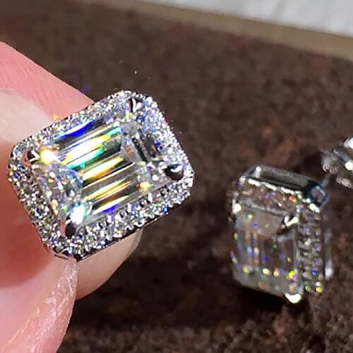 18K White Gold Stud Earrings Women 0.5 1 2 3Ct Emerald Rectangle Moissanite Diamond Present Wedding Anniversary Engagement Party