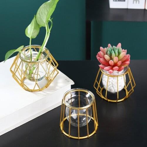 Retro Iron Art Glass Vase Terrarium Hydroponic Plant Flower Vase Geometric Metal Plant Holder Home Decoration Accessories Modern