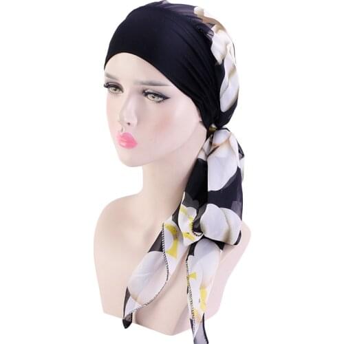 Women Bandana Muslim Headwear Turbans Long Ribbon Head Scarf Head wraps Cancer Chemo Hats Pre-Tied Hair accessories for Women