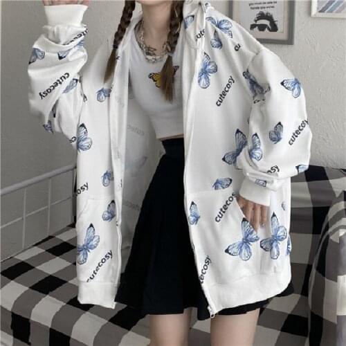 Womens Hoodie Harajuku Butterfly Print Zipper Sweatshirt Women 2021 New Spring Kawaii Long Sleeve Hoodies Oversized Outerwear