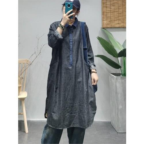 Large size Pullovers Shirt Women Autumn New Casual Loose Denim Tops 2021 Blouse Long Retro All-match Tops
