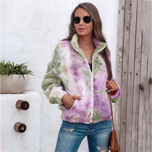 2021 Sherpa Rainbow Fleece Sweater Faux Fur Tie-Dye Fluffy Zipper Jackets Winter Warm Streetwear Cardigan Sweaters