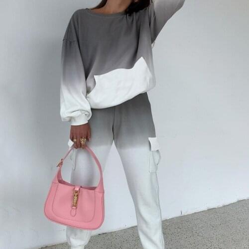 2021 Autumn High-Quality Womens Loose Contrast Color Sports 2 Two-Piece Set Sexy O-Neck Pullover Sweater + Pants Casual Set