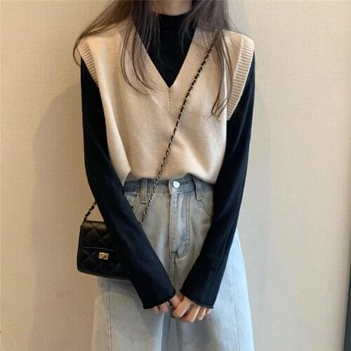 Autumn Winter Women Sweater Vest Simple All-match Patchwork Korean Harajuku Style V-neck Knitted Sweater Sleeveless Vintage Vest