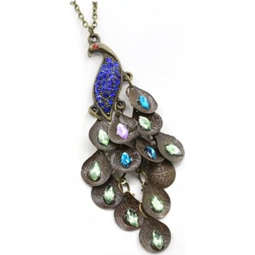 2020 Hot Fashion Bijoux Bohemian Style Retro Peacock Color Crystal Animal Pendants Maxi Statement Long Necklace Women Jewelry