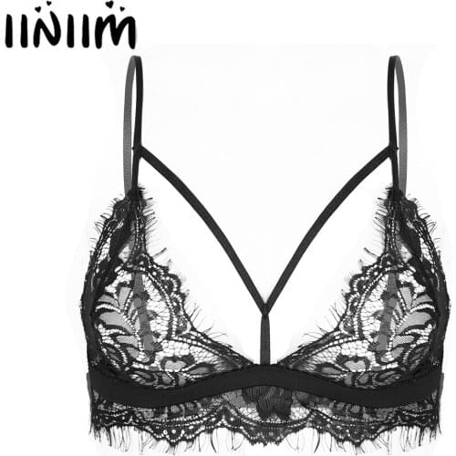 Women Ladies Lingerie Underwear See-through Floral Lace Bralettes Hollow Out Adjustable Spaghetti Strap Exotic Bras Tops