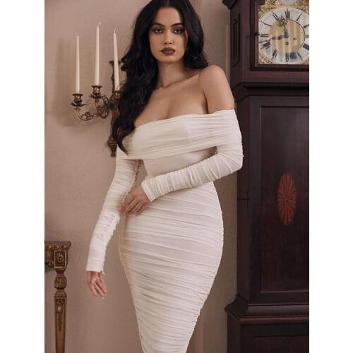 Mesh Bodycon Dress Women Midi Bodycon Dress Off Shoulder 2021 New Sexy White Mesh Celebrity Club Night Party Dress Evening