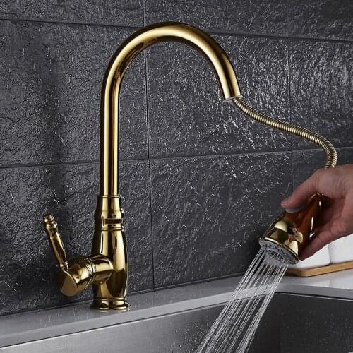 Golden faucet Kitchen faucet Hot and cold water Ceramic plate valve Pulling telescopic shower head