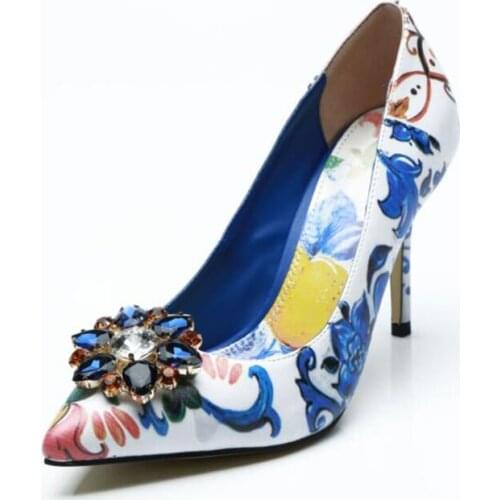 Fashion Luxury Crystal Blue Pumps Flowers Decor Women Floral Print Shallow Slip On Heels Shoes Pointed Toe Stiletto Heeled Shoes