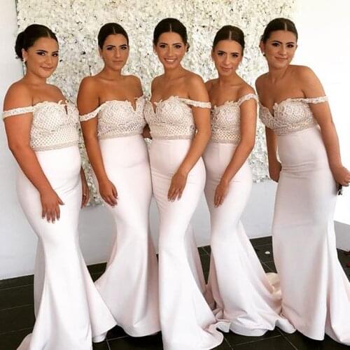 White Off the Shoulder Long Bridesmaid Dress Plus Size Cheap Lace Top Chiffon Mermaid Maid Of Honor Gowns For Wedding Party