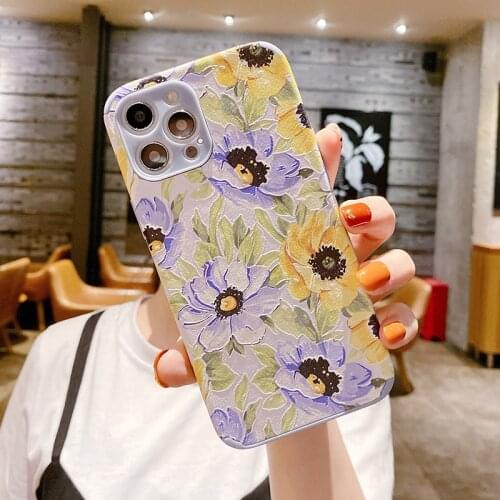 Phone Case for iPhone 12 11 Pro Max Lambskin Oil Painting flowers Phone Case For iPhone X XR XS Max 7 8 Plus Auto Back cover