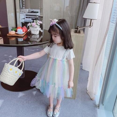 Childrens Princess Dress Summer New Cute Girl Stitching Contrast Color Mesh Dress Birthday Party Fashion Baby Clothes 2-6 Years