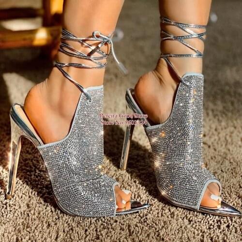 Elegant Silver Rhinestone High Heels Sandals Lace Up Strap Open Toe Cut-out Gladiator Heels Dress Shoes Wedding Banquet Shoes