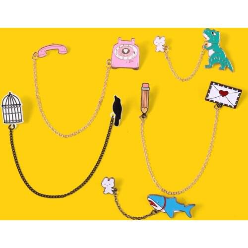 Animal Chain Enamel Pins Dinosaur Phone Shark Bird Custom Brooches Creative Cute Accessories Backpack Badge Gift for Friends