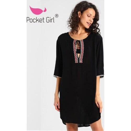 Pocket Girl 2020 Black Embroidery Cotton Beach Cover Up Swimwear Women Swimsuit Vestido Playa Bathing Suit Cover Ups Beachwear