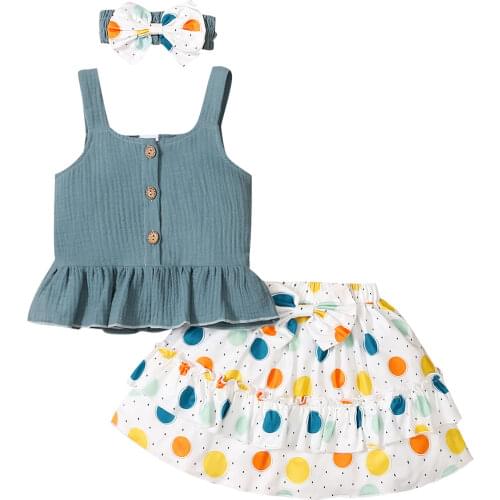 0-24M Baby Girls Three-piece Clothes Set, Dusty Blue Vest, Polka Dots Printed Pattern Multiple-layer Skirt and Headdress