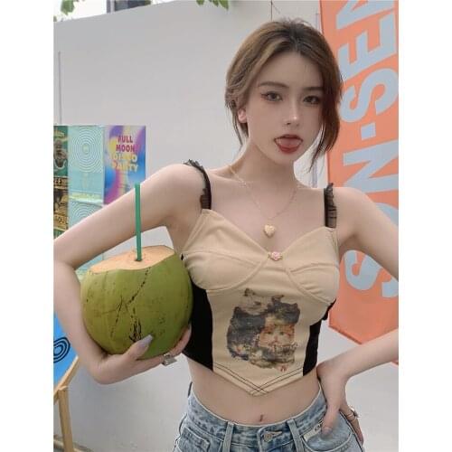Summer sexy print cat lace short camisole women