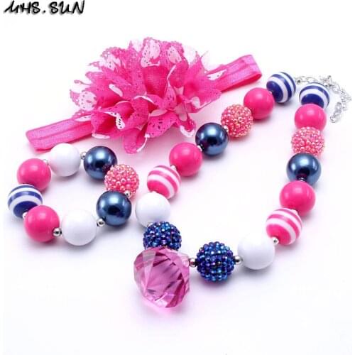 MHS.SUN Hot Pink+Navy Kid Bubblegum Chunky Bead Necklace Girl Children Jewelry Set Chunky Kid Headband Necklace&Bracelet Set