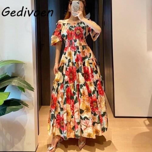 Gedivoen Fashion Designer Summer Cotton Dress Womens Sexy Spaghetti Strap Bohemian Floral print Long Holiday Dress