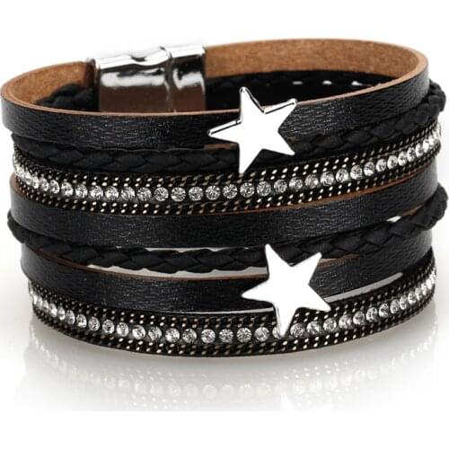 Fashion Star Leather Bracelet For Women Magnetic Buckle Multilayer Wrap Crystal Bracelet Female Bangle Jewelry Gift pulseras
