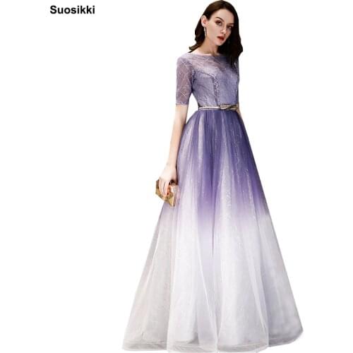 Suosikki Gently Purple Long Evening Dress The Bride Sexy Half Sleeves Lace-up Back Slim Party Formal Dress Women Elegant