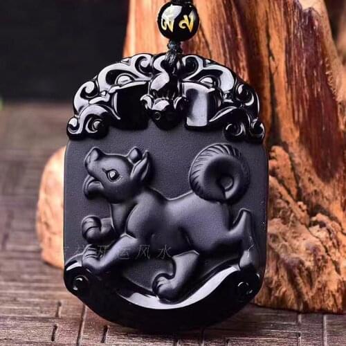 Natural Black Obsidian Pendant Carved Chinese Mascot Zodiac Dog Pendant Bead Necklace Lucky Amulet Men Womens Jade Jewelry