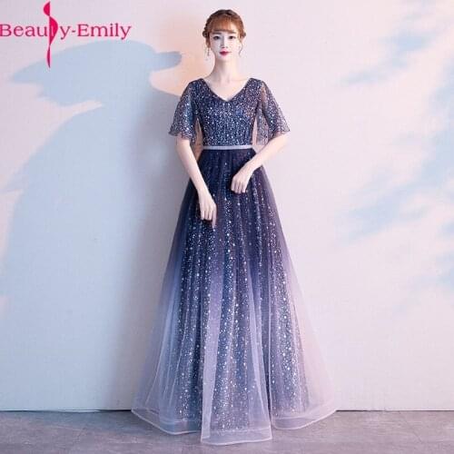 2020 New Arrival Charming V Neck Evening Dress Long Elegant Short Sleeve A line Beaded Formal Party Dress 3 Colors Available