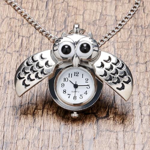 New Arrival Retro Bronze Pendant Quartz Mini Vintage Cute Silver Owl Pocket Watch Unique Necklace Chain Gift for Girls Boys Kids