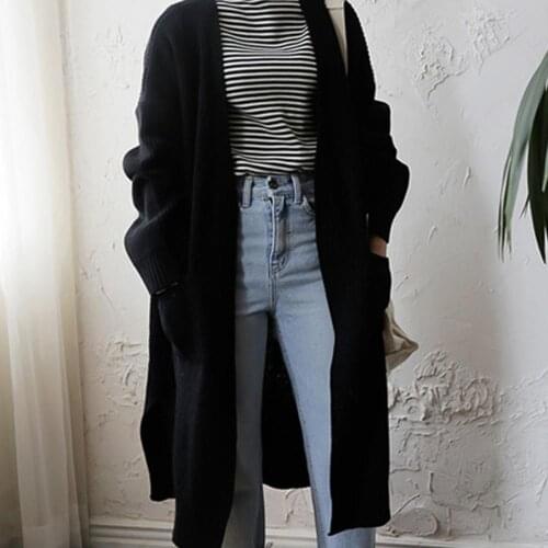 2021 Women Solid Color Coat Long Sleeve Pockets Loose Midi Sweater Autumn Cardigan Plus Size Knit Loose Midi Knitted Outwear