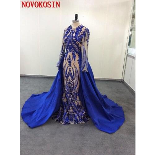 2 Style Sample Embroidered Lace Sequins Mermaid Prom Dresses Long Sleeves Evening Gowns Party Dress With Satin Detachable Train