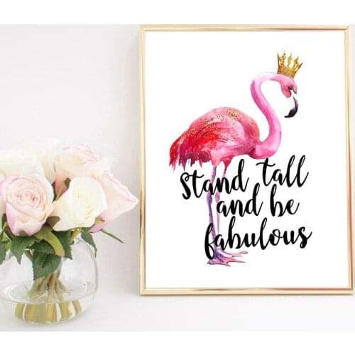 Pink Flamingo with Gold Crown Watercolor Poster Canvas Painting Nursery Wall Art Picture Decor Stand Tall and Be Fabulous Prints