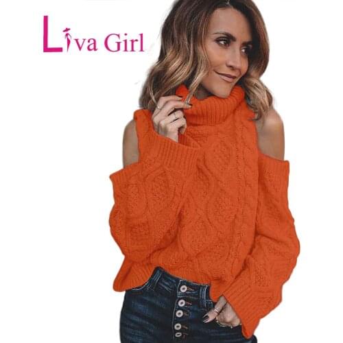 LIVA GIRL Sexy Cold Shoulder Long Sleeve Sweater Women Winter Warm Casual Pullover Female Knitted Tops Jersey Invierno Mujeres