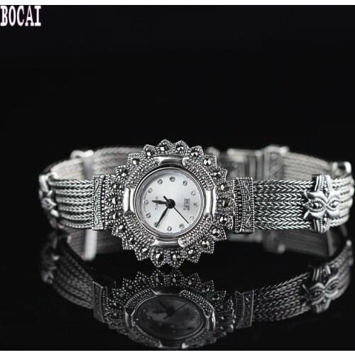 Thai silver inlaid Mark Sai stone watch S925 sterling silver jewelry 2019 womens beautiful silver watch