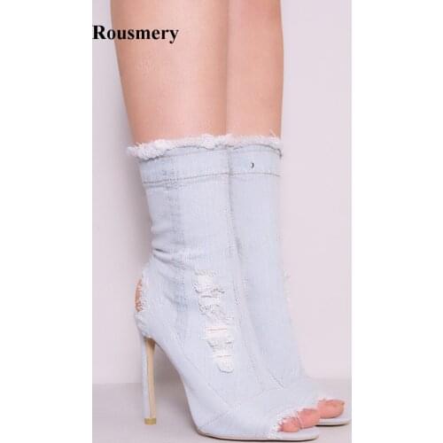 New Fashion Women Open Toe Slim Style Denim Short Boots Blue White Jean High Heel Boots Cut-out Fringe Boots