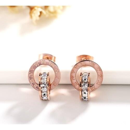 YUN RUO Rose Gold Silver Color Roman Numerals Zircon Stud Earring Woman Titanium Steel Fashion Jewelry Never Fade Drop Shipping