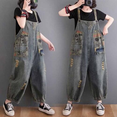 Jumpsuits Women Jeans Loose Casual Big Pockets Frayed Denim Overalls Female Korean Retro Print Wide Leg Cropped Trousers M129
