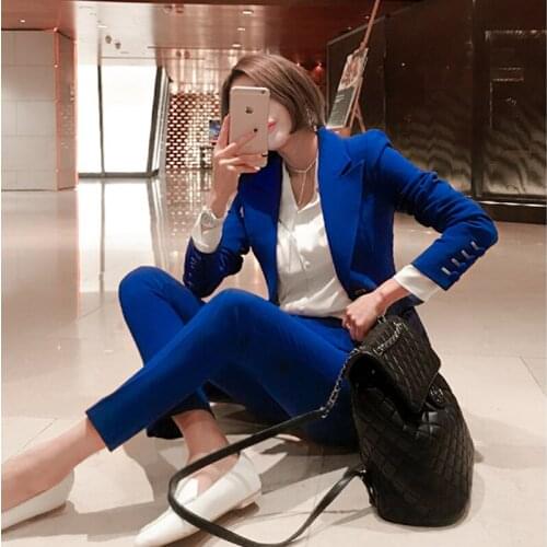 Women suit set High quality blue suit female suit British style new slim slimming small suit nine pants two sets women suits