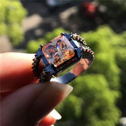 Luxury Female Champagne Crystal Stone Ring Charm 14KT Black Gold Wedding Rings For Women Punk Square Zircon Engagement Ring