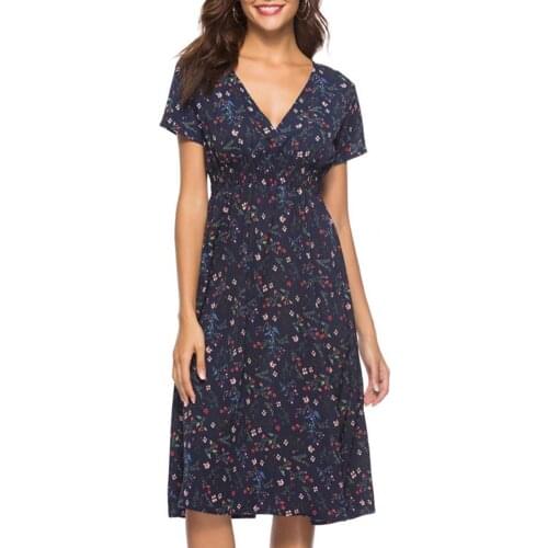 Female Slim Skin-friendly Dress Floral Print V Neck Short Sleeve Waist Midi Tight Large Hem Dresses Woman Summer 2021